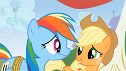 Size: 640x360 | Tagged: safe, derpibooru import, screencap, applejack, rainbow dash, earth pony, pegasus, pony, fall weather friends, duo, hat, laughing