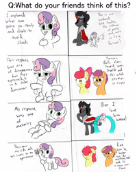 Size: 2800x3500 | Tagged: safe, artist:frikdikulous, derpibooru import, apple bloom, king sombra, scootaloo, sweetie belle, earth pony, pegasus, pony, umbrum, unicorn, ask, bevor, cane, chestplate, colored, colored horn, comic, crown, crying, curved horn, cute, cutie mark crusaders, dark magic, dialogue, female, filly, foal, helmet, horn, jewelry, juice box, king sideburns, magic, male, megaphone, queen sweetie belle, questionable shipping, regalia, scepter, sketch, sombra eyes, sombra horn, sombra's robe, sombrabelle, stallion, sweetiepter, text, throne, tiara, tumblr, tumblr:ask king sombra and queen sweetie belle