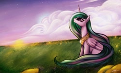 Size: 960x584 | Tagged: safe, artist:coke-brother, princess celestia, alicorn, pony, cloud, crying, looking up, meadow, sitting, solo, sunset, twilight (astronomy)