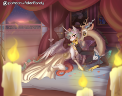 Size: 2000x1571 | Tagged: safe, artist:falleninthedark, artist:stepandy, discord, princess celestia, alicorn, draconequus, pony, bed, bedroom, bedroom eyes, blushing, candle, clothes, dislestia, dress, female, flower, flower in hair, honeymoon, male, marriage, married, patreon, patreon logo, realistic horse legs, shipping, straight, suit, tuxedo, twilight (astronomy)
