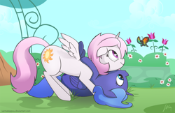 Size: 1280x829 | Tagged: safe, artist:wonkysole, princess celestia, princess luna, alicorn, butterfly, pony, cewestia, cute, filly, flower, pink-mane celestia, playing, royal sisters, woona, wrestling, younger