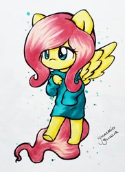 Size: 1094x1502 | Tagged: safe, artist:gummigator, fluttershy, anthro, chibi, clothes, solo, sweatershy, traditional art