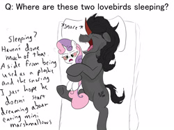 Size: 2800x2100 | Tagged: safe, artist:frikdikulous, derpibooru import, king sombra, sweetie belle, pony, unicorn, ask, bed, colored, coloring error, cuddling, error, eyes closed, female, filly, foal, implied foalcon, male, pillow, pink sclera, queen sweetie belle, questionable shipping, sketch, sleeping, snuggling, sombra horn, sombra's cutie mark, sombrabelle, spooning, stallion, text, tumblr, tumblr:ask king sombra and queen sweetie belle