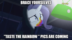 Size: 889x500 | Tagged: safe, edit, edited screencap, screencap, rarity, pony, unicorn, 28 pranks later, brace yourselves, caption, cookie zombie, discovery family logo, image macro, meme, solo, taste the rainbow