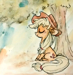 Size: 524x542 | Tagged: safe, artist:nekobite, applejack, earth pony, pony, solo, traditional art, tree, watercolor painting