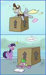 Size: 1000x1600 | Tagged: safe, artist:mew-me, derpy hooves, spike, twilight sparkle, twilight sparkle (alicorn), alicorn, dragon, pegasus, pony, the point of no return, 2 panel comic, book, box, comic, dialogue, floppy ears, letter, no pupils, open mouth, package, speech bubble, spikeabuse, squished