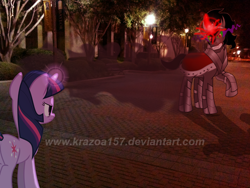 Size: 1280x960 | Tagged: safe, artist:eytosh, artist:krazoa157, artist:legat-bf, derpibooru import, king sombra, twilight sparkle, pony, unicorn, building, irl, light post, magic, night, outdoors, photo, ponies in real life, tree, vector