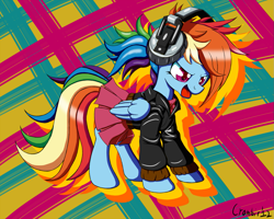 Size: 1279x1023 | Tagged: safe, artist:crombiettw, derpibooru import, rainbow dash, pegasus, pony, clothes, headphones, jacket, skirt, solo