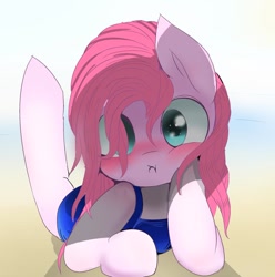 Size: 1024x1033 | Tagged: safe, artist:skippy_the_moon, pinkie pie, earth pony, pony, blushing, clothes, cute, cuteamena, diapinkes, looking at you, one-piece swimsuit, pinkamena diane pie, school swimsuit, solo, swimsuit