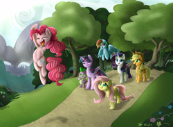 Size: 5476x4000 | Tagged: safe, artist:dari-draws, derpibooru import, applejack, fluttershy, pinkie pie, rainbow dash, rarity, spike, twilight sparkle, twilight sparkle (alicorn), alicorn, dragon, earth pony, pegasus, pony, unicorn, absurd resolution, cheering, female, forest, grass, jumping, mane seven, mane six, mare, mountain