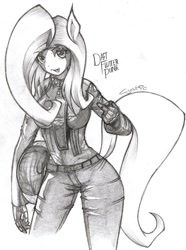 Size: 892x1200 | Tagged: safe, artist:pie-likes-me, fluttershy, anthro, daft punk, middle finger, monochrome, solo, vulgar