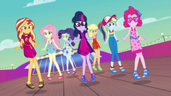 Size: 1920x1080 | Tagged: safe, screencap, applejack, fluttershy, pinkie pie, rainbow dash, rarity, sci-twi, sunset shimmer, twilight sparkle, better together, equestria girls, i'm on a yacht, alternate hairstyle, clothes, dress, feet, geode of empathy, geode of fauna, geode of shielding, geode of sugar bombs, glasses, humane five, humane seven, humane six, legs, magical geodes, ponytail, sandals, skirt