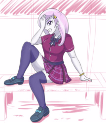 Size: 2460x2854 | Tagged: safe, artist:sumin6301, derpibooru import, fleur-de-lis, equestria girls, angry, bench, clothes, crystal prep academy uniform, school uniform, shoes, sitting, skirt, skirt lift, socks, stockings, thigh highs, thighs