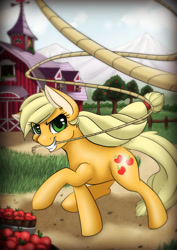 Size: 1024x1449 | Tagged: safe, artist:somnias, applejack, earth pony, pony, action pose, apple, grin, lasso, looking at you, perspective, rope, running, smirk, solo