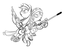 Size: 915x734 | Tagged: artist needed, safe, applejack, rarity, earth pony, pony, unicorn, gun, monochrome, weapon