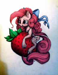 Size: 452x579 | Tagged: safe, artist:runettamontbelle, pinkie pie, earth pony, pony, cute, solo, strawberry