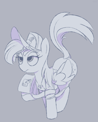 Size: 2800x3500 | Tagged: safe, derpy hooves, pony, hat, mailmare, mailmare hat, monochrome, raised tail, solo, tail