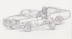 Size: 3052x1653 | Tagged: safe, artist:edhelistar, derpibooru exclusive, sunset shimmer, human, equestria girls, boots, car, clothes, convertible, female, ford mustang, geode of empathy, heeled boots, high heel boots, magical geodes, miniskirt, pencil drawing, shoes, skirt, traditional art, wip