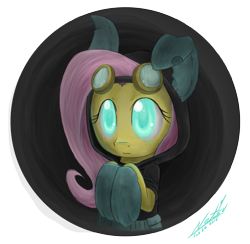 Size: 3420x3342 | Tagged: safe, artist:natsu714, fluttershy, pegasus, pony, black background, bunny ears, clothes, costume, dangerous mission outfit, female, glowing eyes, goggles, hoodie, mare, simple background, socks, solo, transparent background