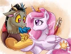 Size: 2027x1544 | Tagged: safe, artist:aurora-chiaro, artist:daniel-sg, discord, princess celestia, alicorn, pony, collaboration, cute, cutelestia, discute, dislestia, female, male, pink-mane celestia, shipping, straight, younger