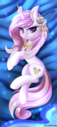 Size: 2674x5839 | Tagged: safe, artist:ask-colorsound, derpibooru import, fleur-de-lis, pony, unicorn, body pillow, body pillow design, cutie mark, ear piercing, earring, female, jewelry, lidded eyes, looking at you, mare, necklace, on side, piercing, smiling, solo, ych result