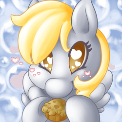 Size: 2000x2000 | Tagged: safe, artist:darkmagician1212, artist:iliekbuttz, derpy hooves, pegasus, pony, floating heart, food, heart, heart eyes, muffin, solo, wingding eyes