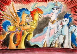 Size: 2316x1629 | Tagged: safe, artist:souleatersaku90, flash sentry, princess celestia, soarin', spitfire, alicorn, pony, angry, arrested, commission, fanfic, fanfic art, the simple life, traditional art, watercolor painting