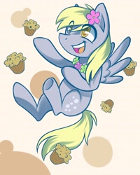 Size: 1980x2480 | Tagged: safe, artist:patchnpaw, derpy hooves, pegasus, pony, female, flower, flower in hair, food, mare, muffin, solo, that pony sure does love muffins