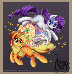 Size: 3716x3800 | Tagged: safe, artist:thenornonthego, applejack, rarity, earth pony, pony, unicorn, trade ya, bits, duality, eye contact, high res, pie tin, stained glass, yin-yang