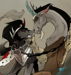 Size: 600x632 | Tagged: safe, artist:pasikon, derpibooru import, discord, king sombra, pony, unicorn, angry, collar, gay, grin, looking at each other, male, shipping, sombracord