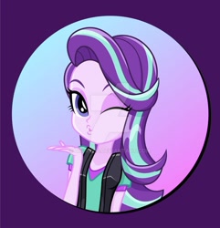 Size: 878x911 | Tagged: safe, artist:diilaycc, starlight glimmer, equestria girls, cute, deviantart watermark, gradient background, missing accessory, obtrusive watermark, one eye closed, solo, watermark, wink