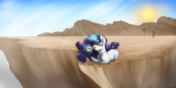 Size: 1366x686 | Tagged: safe, artist:octomoparalysis, rarity, pony, unicorn, cactus, cliff, desert, drinking, lying down, magic, relaxing, scenery, solo