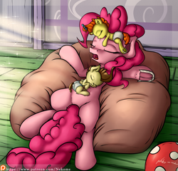 Size: 2607x2505 | Tagged: safe, artist:neko-me, pinkie pie, pound cake, pumpkin cake, earth pony, pony, ball, beanbag chair, cute, diaper, diapinkes, eyes closed, foal, horseshoes, patreon, sleeping, underhoof