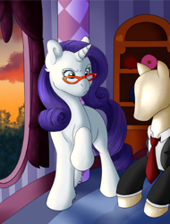 Size: 380x500 | Tagged: safe, artist:roolosdoodleden, rarity, pony, unicorn, glasses, mannequin, solo, sunset