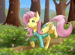 Size: 1024x750 | Tagged: safe, artist:mattsykun, fluttershy, pegasus, pony, clothes, hoodie, solo, tree