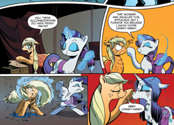 Size: 1400x1016 | Tagged: safe, artist:andypriceart, idw, applejack, rarity, earth pony, pony, unicorn, friends forever, spoiler:comic, spoiler:comicff8, alternate hairstyle, annoyed, behaving like a dog, bipedal, boop, brushing, comic, duo, eyes closed, faic, female, floppy ears, fluffy, frown, glare, gritted teeth, lidded eyes, magic, mare, nose wrinkle, official comic, running makeup, shaking, smiling, speech bubble, telekinesis, unamused, wet, wet mane, wet mane applejack, wet mane rarity, wet-dog shake, wide eyes