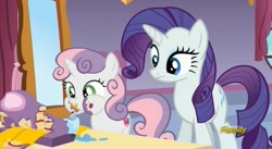 Size: 1666x916 | Tagged: safe, screencap, rarity, sweetie belle, pony, unicorn, 28 pranks later, aweeg*, cake, cutie mark, discovery family logo, everything is cake, food, puffy cheeks, rarity looking at food, the cmc's cutie marks