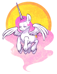 Size: 400x519 | Tagged: safe, artist:albinonarwhale, princess celestia, alicorn, pony, pink-mane celestia, solo, sun, unshorn fetlocks, younger