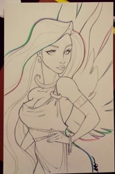 Size: 852x1280 | Tagged: safe, artist:bmxshark, princess celestia, human, beautiful, breasts, cleavage, female, humanized, solo, traditional art, winged humanization