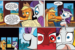Size: 1400x937 | Tagged: source needed, useless source url, safe, artist:andypriceart, idw, applejack, rarity, earth pony, pony, unicorn, spoiler:comic, spoiler:comicff8, book, death stare, eye twitch, faic, hoof in mouth, hoofjack, meme, rage face, red face