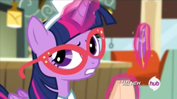 Size: 640x359 | Tagged: safe, derpibooru import, screencap, twilight sparkle, twilight sparkle (alicorn), alicorn, pony, three's a crowd, female, glasses, hub logo, magic, mare, solo, waitress twilight sparkle