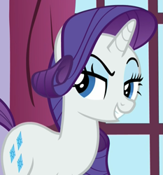 Size: 901x965 | Tagged: safe, screencap, rarity, pony, unicorn, 28 pranks later, dreamworks face, evil grin, lidded eyes, raised eyebrow, solo