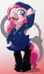 Size: 600x1000 | Tagged: safe, artist:ushiro no kukan, pinkie pie, pony, bipedal, hand cuffs, police, police officer, police pony, solo