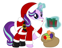 Size: 1024x803 | Tagged: artist needed, safe, starlight glimmer, pony, unicorn, boots, christmas, clothes, costume, fake beard, female, glowing horn, hat, holiday, horn, looking at you, magic, mare, present, raised hoof, sack, santa beard, santa claus, santa costume, santa hat, santa sack, shoes, simple background, solo, telekinesis, transparent background, vector