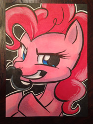 Size: 1024x1365 | Tagged: safe, artist:joshuadraws, pinkie pie, earth pony, pony, fake moustache, grin, moustache, solo, traditional art