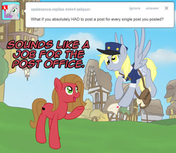 Size: 923x800 | Tagged: safe, artist:aimeelovesu, derpy hooves, oc, oc:pun, earth pony, pony, ask, ask pun, mailbag