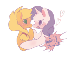 Size: 730x600 | Tagged: safe, artist:pongtang, applejack, rarity, earth pony, pony, unicorn, blushing, female, heart, holding hooves, lesbian, pixiv, rarijack, shipping, yelling