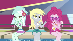 Size: 2208x1242 | Tagged: safe, screencap, derpy hooves, lyra heartstrings, pinkie pie, equestria girls, equestria girls series, i'm on a yacht, spoiler:eqg series (season 2), bikini, clothes, cute, derpabetes, diapinkes, heart shaped glasses, lyrabetes, one-piece swimsuit, sleeveless, sunglasses, swimming pool, swimsuit