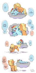 Size: 1031x2100 | Tagged: safe, artist:dusty-munji, derpibooru import, applejack, rainbow dash, earth pony, pegasus, pony, appledash, cloud, comic, duo, female, lesbian, lying on a cloud, mare, open mouth, shipping, simple background, white background