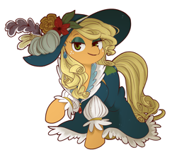 Size: 1280x1137 | Tagged: safe, artist:umeguru, applejack, earth pony, pony, magical mystery cure, alternate hairstyle, clothes, dress, female, hat, loose hair, mare, simple background, solo, white background